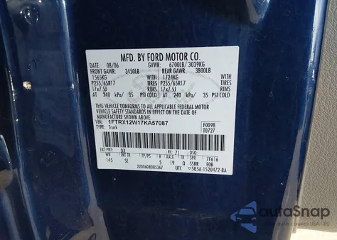 2007 Ford F-150 Stx/Xl/Xlt z USA, uszkodzony, nr VIN 1FTRX12W17KA57087